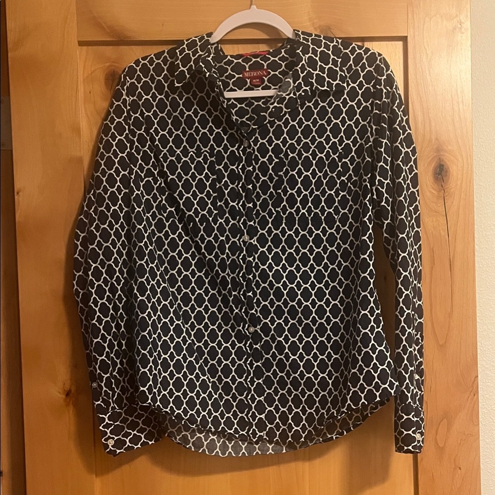 Women's Navy and White Geometric Button Down Shirt